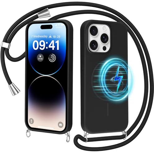 ZhuoFan Handyband für iPhone 14 Pro hülle mit Band [Kompatibel mit Magsafe] Liquid Silikon Halsband Handyhülle für zum Umhängen, Magnetische Stoßfest Schutzhülle mit Abnehmbar Kordel Schnur,Schwarz