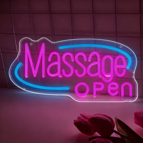 Massage Open Neon Schild, LED Offen Neon Sign für Wand Deko, Dimmbare Brief Neonlichter USB Power für Business Massage Shop Store SPA Beauty Salon Club Hotel