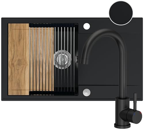 SINK QUALITY Spülbecken schwarz mit Armatur Set 78x46 cm - Spüle mit Wasserhahn, Schneidebrett, Siphon PUSH, Abtropfgestell, Imprägniermittel - Küchenspüle Komplettset für 60er Unterschrank