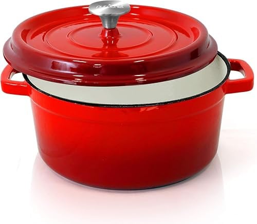 Nutrichef Cocotte en Fonte Émaillée-Cocotte Fonte de 5 Litres - Ustensiles de Cuisson Émaillée pour Cuisinière- Marmite Induction avec Couvercle Auto Basculant-Rouge