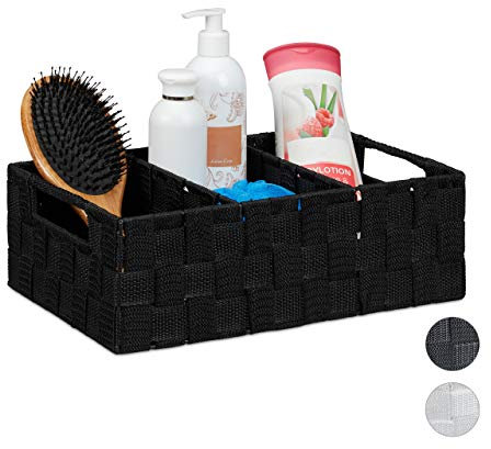 Relaxdays Aufbewahrungskorb mit Fächern, Kosmetik Aufbewahrung im Bad, Körbchen mit Griffen, HBT: 10x32x21 cm, schwarz, Kunststoff, 10 x 32 x 21 cm