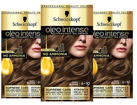 Schwarzkopf Oleo - Tinte para el cabello rubio intenso, paquete de 3 colores permanentes, sin amoníaco, cubre grises, rubio oscuro 6-10