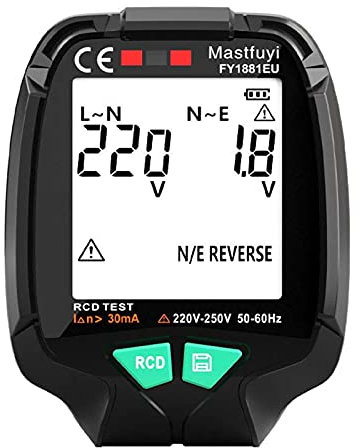 Ticfox Comprobador de enchufes - Comprobador de enchufes de pantalla completa, tierra cero voltaje de CA 30V-250V RCD Prueba de enchufe Polaridad Comprobación de fase(EU plug)