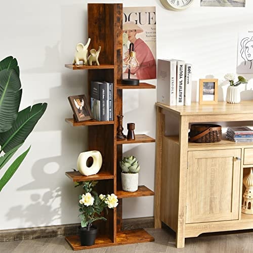COSTWAY 8-Tier Tree Bookshelf, Wooden Bookcase Storage Shelving Unit with Anti-Toppling Device, Freestanding Magazine Book Display Rack for Home Office Living Room, 50x20x141cm (Rustic Brown)
