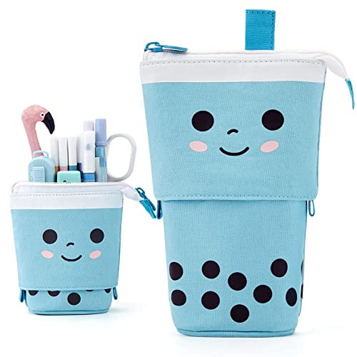 Ecoodisk Versenkbares Federmäppchen,Niedliches Federmäppchen Stehender Stifthalter Teleskopische Stiftetasche Tasche,Niedlicher Bubble Tea Stifthalter, Versenkbares Federmäppchen mit Reißverschluss,A