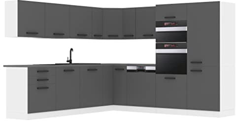 Belini Küchenzeile Küchenblock Küche L-Form Jane Küchenmöbel mit Griffe, Einbauküche ohne Elektrogeräten mit Hängeschränke und Unterschränke, mit Arbeitsplatten, Silber matt