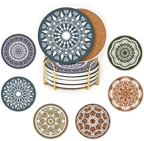 JJ PRIME - Keramik Untersetzer Gläser Set 6 Stück | Glas Untersetzer-Set Modern | Getränkeuntersetzer mit Korkboden - Kratzfest, Anti-Rutsch Glasuntersetzer Einweihungsgeschenk Wohnung (Mandala)
