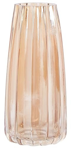 Hohe Deko Blumenvase Glas orange 22 cm Rillen-Struktur breite Öffnung Okatonia