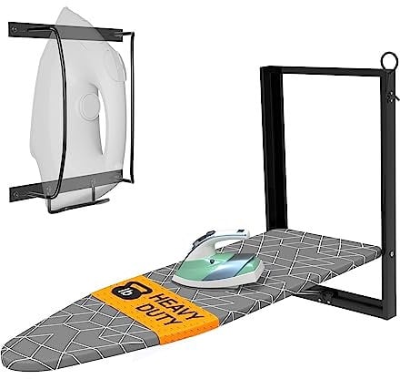 Xabitat Wall Mounted Ironing Board with Iron Holder | 36.2 X 12.2 Compact Mount Fold Down Ironing Board for Small Spaces | Space Saving with Cotton Fabric Cover | Black and Grey