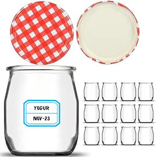 Pack de 12 Vasos de Vidrio de 190 ml con Tapa Metálica Hermética - Ideal para Yogur, Natillas, Pudding y Potitos - Apto para Microondas y Lavavajillas + Etiquetas Incluidas + Ebook de 102 Recetas