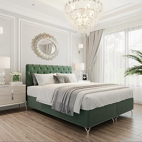 FURNISTAR Boxspringbett GracePLUS 120x200 Grün Doppelbett Bett mit Bonellmatratze Topper und Bettkasten Glamour Polsterbett mit silbernen 12 cm Beinen Modern Schlafzimmer Vintage Schlafzimmerbett