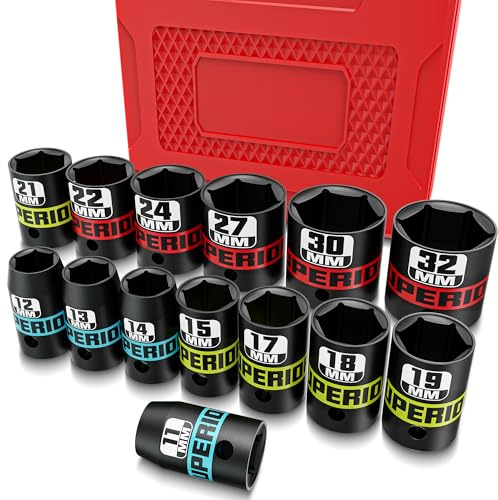 KIRXST Juego de 14 Piezas Vasos de Impacto 1/2, 11-32 mm Llaves de Vasos Impacto Set, de Cromo Vanadio, Dados de Impacto Para Muebles, Auto Reparación