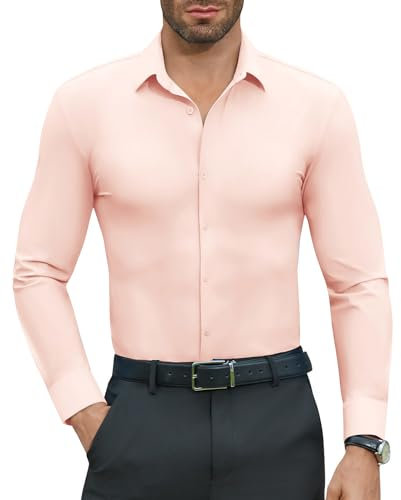 DEMEANOR Chemises habillées extensibles pour homme à manches longues pour homme, chemises formelles à coupe ajustée, chemises décontractées pour hommes, rose clair, XL