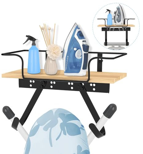 HAWAKA Percha para tabla de planchar para lavandería, soporte para plancha y tabla de planchar, cesta grande de madera y ganchos extraíbles, soporte de pared de metal