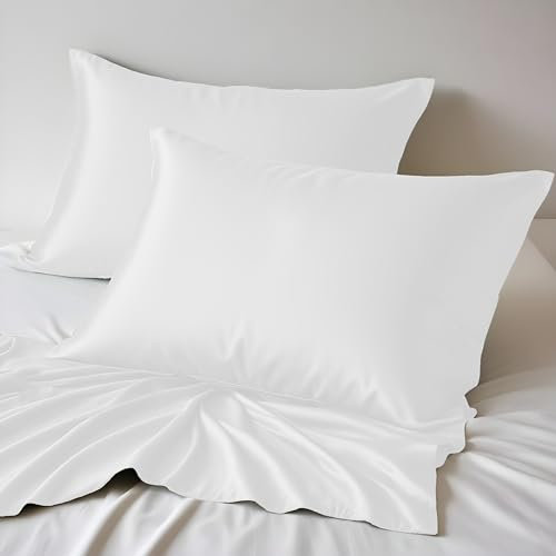 LINENWALAS Lot de 2 taies d'oreiller rafraîchissantes 100 % bambou bio avec fermeture à rabat - Taies d'oreiller douces en soie de bambou de qualité supérieure pour cheveux et peau (50 x 90 cm, blanc)