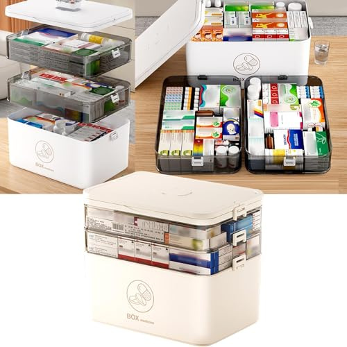 Medikamenten Aufbewahrung Medikamentenbox Groß 3 Tier Speicherbox leere Familien Notfälle Kit Container Tragbarer Kunststofflagerorganisator Multipurpose Box für Heimreise (Beige)