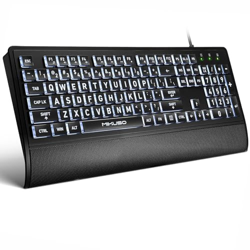 MIKUSO Large Print Backlit Keyboard, Wired USB for Seniors & Low Vision | 4X larger high contrast letter, white LED backlight, ergonomic wrist rest, dustproof cover, for elder & visually impaired