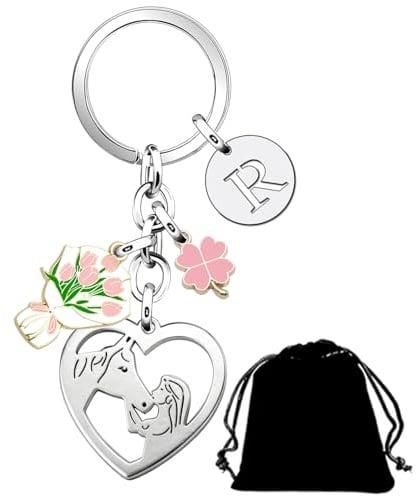 QTZXZX Cadeaux Fille et Cheval pour Femme. Porte-clés lettre initiales Coeur Porte Clef argent A-Z 26 chanceux. Personnalité Cadeaux de Amoureux des Chevaux et Fille Anniversaire Noël (R)