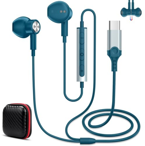 Auricolari USB C, Auricolari In-Ear, Cuffie con Cavo con Microfono, blu | con Telecomando Integrati per xiaomi REDMI Note 15 Pro+ 17 Pro Max POCO F7 F8 Pro 5G per Honor Magic8 Pro 400 Smart X9d Pad2