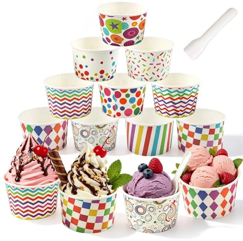 XIMEY Coppette Gelato Usa e Getta, 60/100 pezzi Ciotole per Gelati Dolci, 180ML Ciotole di Carta in Carta Monouso, Carta Coppette per Dessert, Yogurt, Frutta, Feste di Compleanno e Picnic (100, F)