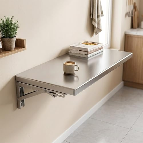 YVZYLXH Klappbarer Wandtisch,Wandklapptisch Aus Rostfreier Stahl,Platzsparender Schwimmender Drop-Leaf Schreibtisch,für Esszimmer Arbeitszimmer(60x20cm/23.6x7.9in)