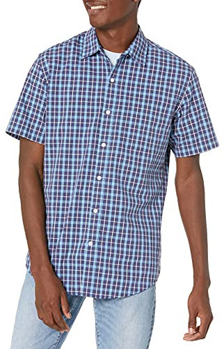 Amazon Essentials Men's Regular-Fit Short-Sleeve Poplin Shirt, Navy Plaid, M