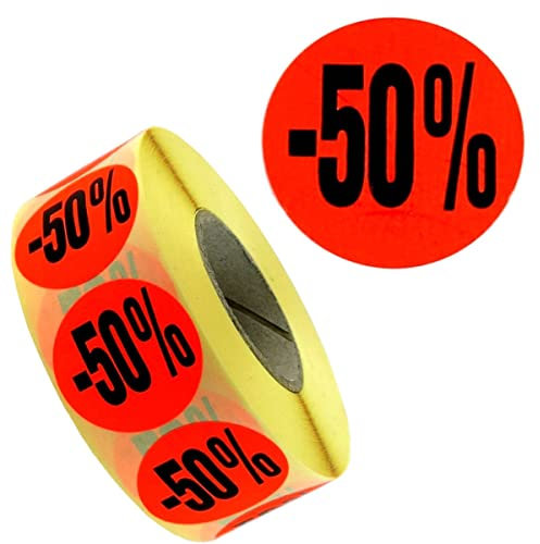 1.000 Aktionsetiketten/Rabattetiketten mit Aufdruck -50% | leuchtrot permanent 32mm | 1 Rolle