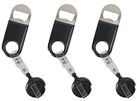 Abrebotellas de cerveza plano retráctil con clip para cinturón para camareros, camarero (negro, paquete de 3)