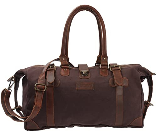 LECONI Shopper aus Canvas + Leder im Vintage-Look kleiner Weekender Handgepäck Reisetasche Sporttasche Fitnesstasche Unisex für Damen + Herren 45x30x20cm mokka LE2008-C
