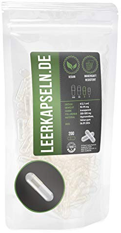 Magensaftresistent | leere Kapseln Größe 0 | magensaftresistente Leerkapseln | vegan - hoch qualitativ | lösen sich erst im Dünndarm auf (200 Stück Gr. 0)
