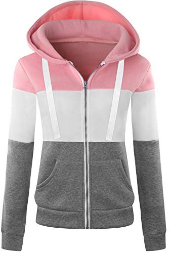 Newbestyle Hoodies for Women Color Block Hooded Sweatshirt Basic Zip-Up Jersey Jacket Long Sleeve Top with Pockets Plus Size Pink L