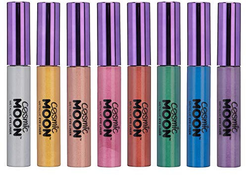 Cosmic Moon - Eye Liner metallico - 10ml - Per effetti metallici straordinari - Set di 8 colori - Include: Argento, Oro, Oro Rosa, Rosa, Rosso, Verde, Blu, Viola