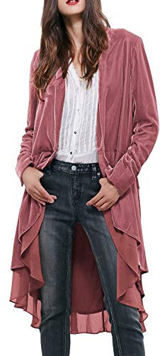 R.Vivimos Autunno Inverno Donne Velluto Ruffle Cappotto Casual Vintage Giacca Lunga Collarless Classico Swallowtail Hem Blazer(XL,Rosa)
