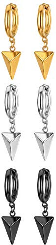 JewelryWe Schmuck 3 Paare Baumelnde Dreieck Pyramide Creolen für Herren Damen, Edelstahl Huggie Ohr Manschette Ohrringe, Gold Schwarz Silber