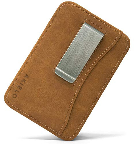 AKIELO Porte Cartes et Pince à Billets RFID Blocage avec Coffret Cadeau – Porte Cartes Compact et Fin – Portefeuille Homme Minimaliste (Charlie - Édition Brun Clair - Pince à Billets)