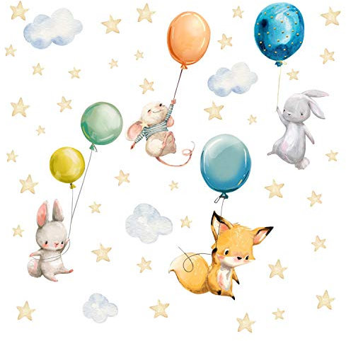 184 Wandtattoo Tiere mit Luftballon - Aquarell Fuchs, Hase, Maus - Kinderzimmer Deko Wandbild Sticker Aufkleber - Größe 750 x 420 mm