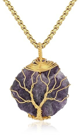 coai Collana Lunga da Donna con Pendente in Ametista Grezza e Motivo Albero della Vita