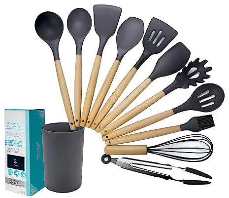 SJ TRADERS Kitchen Utensils Set with Holder, Novelty Christmas Gifts for Her, Non-Stick and Heat Resistant with Wooden Handle, Non Scratch Silicone Kitchen Utensils Set (Wooden Grey, 12 Pcs)