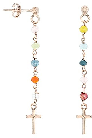 Linea Italia Gioielli - Orecchini Rosario per Donna in Argento 925 Placcato Rosa con Pietre Colorate e Croce - Made In Italy