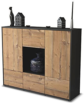 Stil.Zeit Highboard Kommode Mimma, Korpus anthrazit matt, Front Holz-Design Pinie (136x108x35cm), Push-to-Open Technik & Leichtlaufschienen