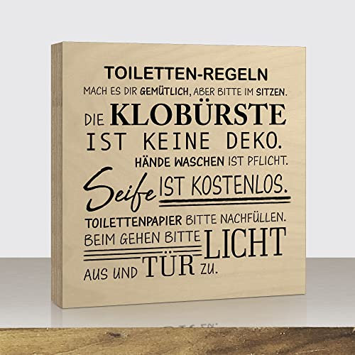 ARTLAND Holzbilder Mini Direktdruck auf Holz mit Spruch 15x15x2 cm zum Hinstellen/Aufhängen Genschenk-Idee Aufsteller WC Bad Badezimmer Toilette - Toiletten-Regeln U4CV