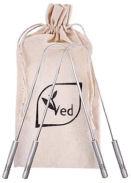 Ved Zungenschaber mit umweltfreundlicher Reisetasche, 2 Stück, 100% Edelstahl in medizinischer Qualität, rostfrei, Zungenschaber aus Metall.