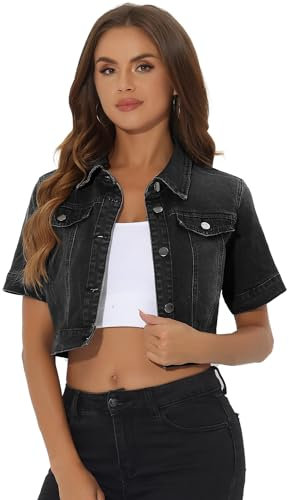 Allegra K Casual Jacket for Women's Short Sleeves Crop Jean Denim Jacket Black S