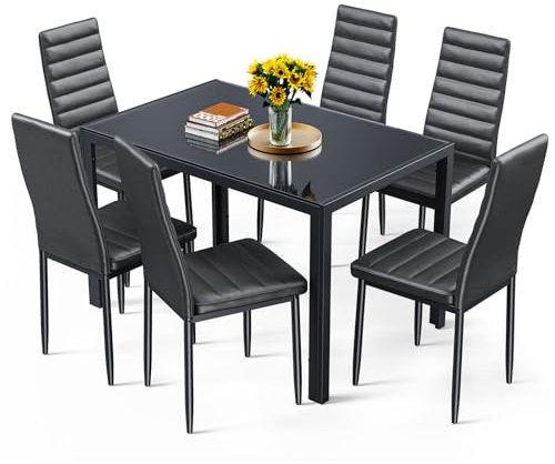 Bealife Esstisch mit 4 Stühlen Set, Esstisch und Stühle für 4 Personen, Esszimmer 6 Stühle und Tisch, Set mit Esstisch und Stühlen für Küche, Esszimmer und Wohnzimmer (Schwarz, 6stühle)