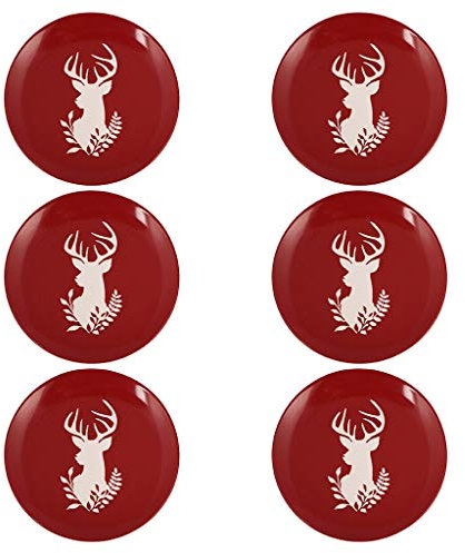 Side Plate Set of 6 - Hand Painted Red & White Reindeer Stoneware Crockery Dinner Service Dishwasher & Microwave Safe Christmas Dinner Table Serving Dessert/Bread/Side Plates