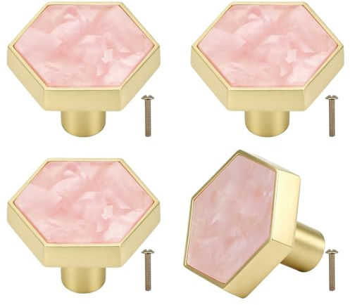 Brosay Pink Drawer Knobs Hexagon Cabinet Pulls for Furniture Wardrobe Cupboard Marble Kitchen Cabinet Door Handles 4 Pcs (Pink)