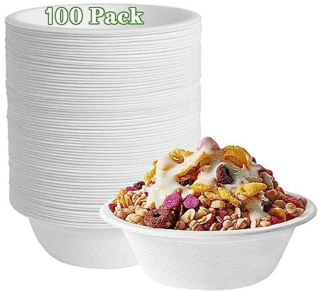 GNCLOUD Paper Bowls 100 Pack Extra Strength Bagasse Disposable Bowls, Eco-Friendly Biodegradable and Compostable, Perfect Non Plastic Alternative Serving Dishes