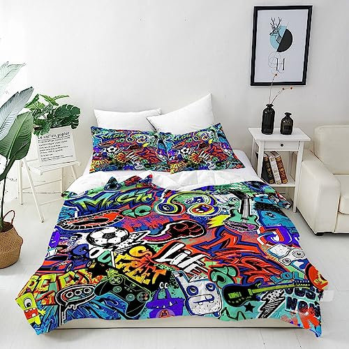 ANHOPE Monster Fußball Musik Graffiti Bettwäsche Set 3 Teilig Bettbezug 135x200 cm + 2 Kissenbezug 50x70 cm Weich Microfaser Bettbezüge Set mit Reißverschluss Bettdeckenbezug für Kinder Jungen Mädchen