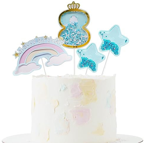 4PCS 8th Cake Topper 8th Birthday Cake Toppers Rainbow Little Stars for Birthday Party Wedding Anniversary Baby Shower Decoration (bule)
