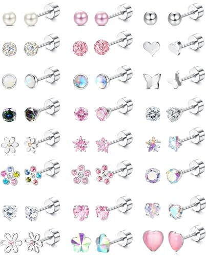 JeweBella 24 Paar Kleine Ohrringe Mädchen Chirurgenstahl Niedliche Zirkonia Herz Blume Schmetterling Perlen Ohrringe Set Mehrfarbige Hypoallergene Ohrstecker für Kinder Damen